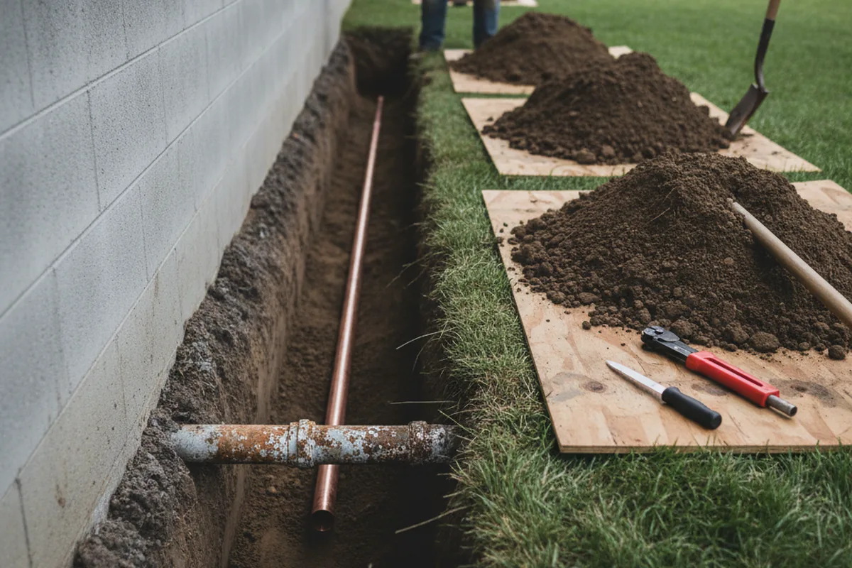 Excavated water line trench during Water Heater Repair in Cardington